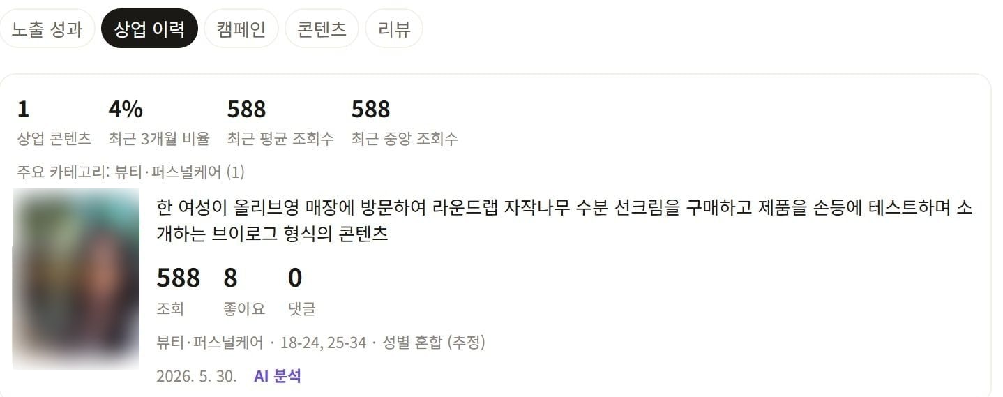 Soo House Explorer 상업 이력 화면 — 상업 콘텐츠 수, 최근 3개월 비율, 상업 콘텐츠의 평균·중앙 조회수를 일반 콘텐츠와 분리해 표시