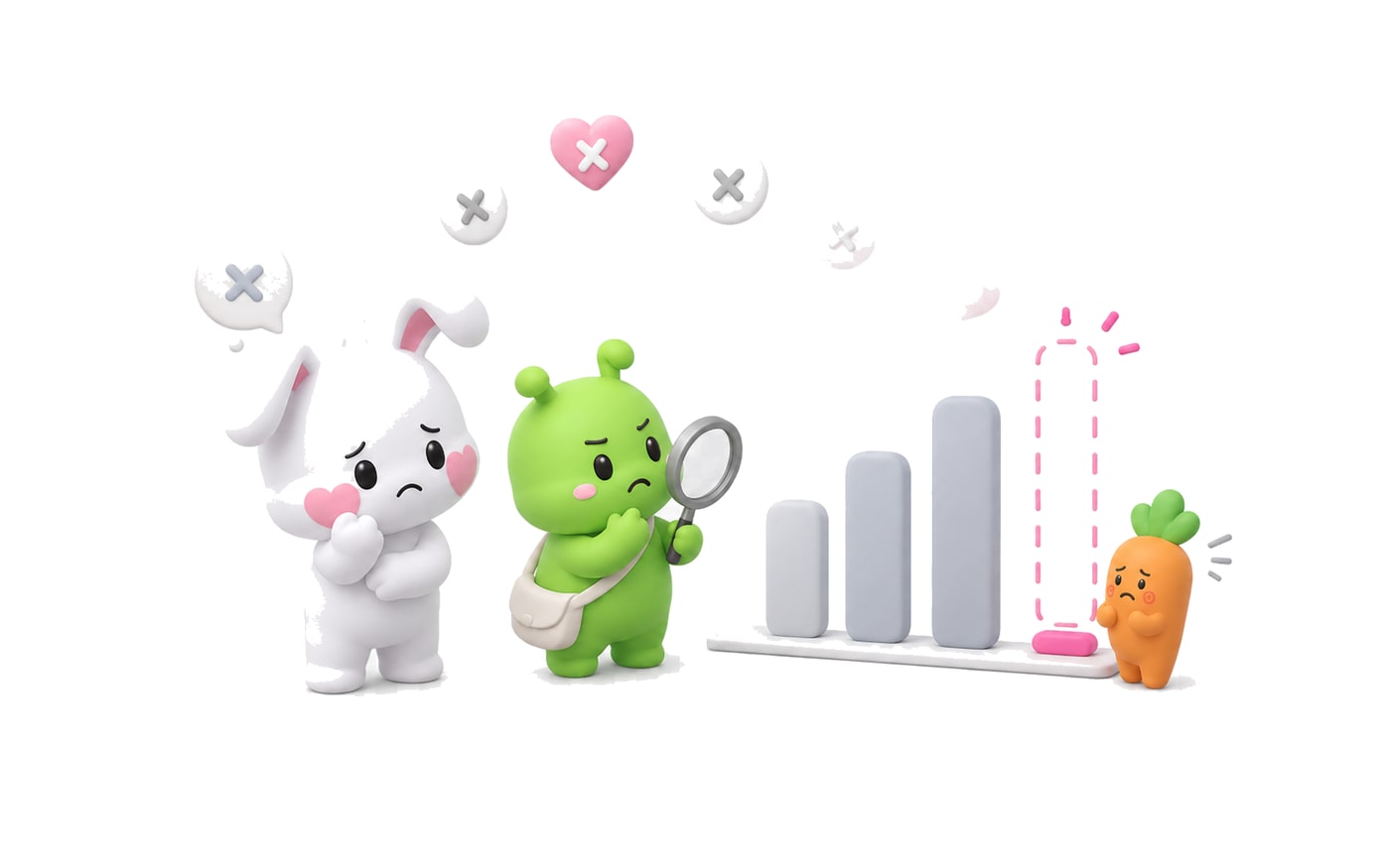 막대그래프 옆에서 돋보기를 든 캐릭터가 성과가 급감한 마지막 막대를 살펴보는 모습 — 팔로워 수만으로는 크리에이터 성과를 예측하기 어렵다는 의미
