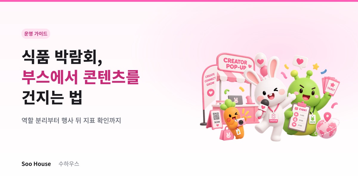 '식품 박람회, 부스에서 콘텐츠를 건지는 법' 제목과 크리에이터 팝업 부스 앞에서 마이크와 카메라를 든 수하우스 브랜드 캐릭터들이 담긴 아티클 대표 이미지