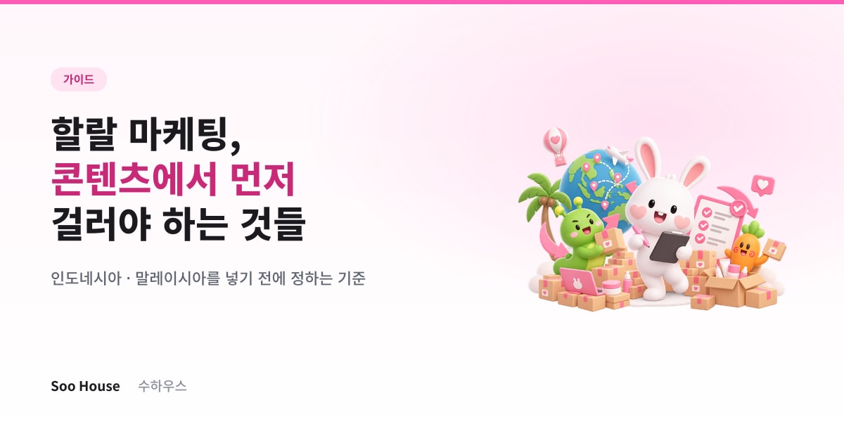 '할랄 마케팅, 콘텐츠에서 먼저 걸러야 하는 것들' 제목과 동남아가 표시된 지구본·체크리스트·배송 박스 사이에 선 수하우스 브랜드 캐릭터들이 담긴 아티클 대표 이미지