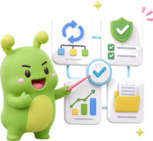 수하우스 초록 캐릭터가 체크리스트와 흐름도가 그려진 화면을 가리키며 설명하는 일러스트
