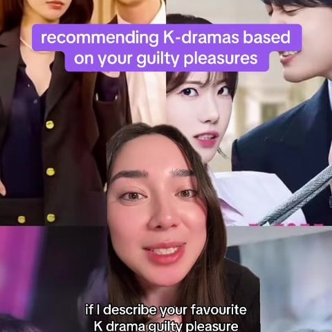 'recommending K-dramas based on your guilty pleasures' 영어 자막이 보라색 박스에 담긴 콘텐츠 표지 — 아래쪽에 말하는 크리에이터, 배경에 드라마 장면들이 격자로 깔려 있습니다