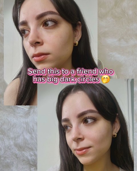 'Send this to a friend who has big dark circles' 영어 자막이 가운데 얹힌 세로형 숏폼 컷 — 위아래로 같은 크리에이터의 얼굴 클로즈업 두 장이 배치돼 있습니다
