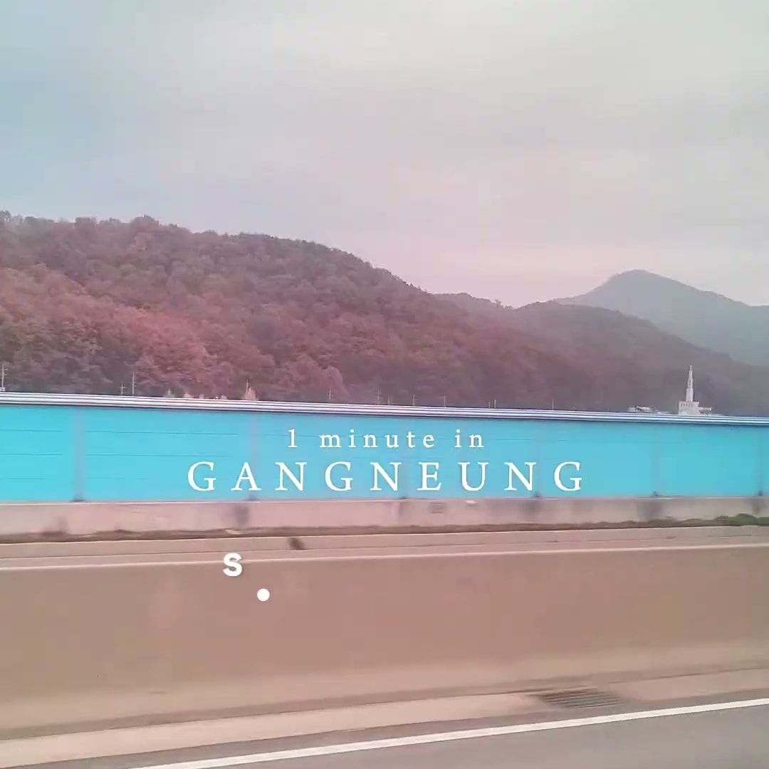 달리는 차 안에서 창밖의 도로와 가을 산을 담은 이동 구간 장면