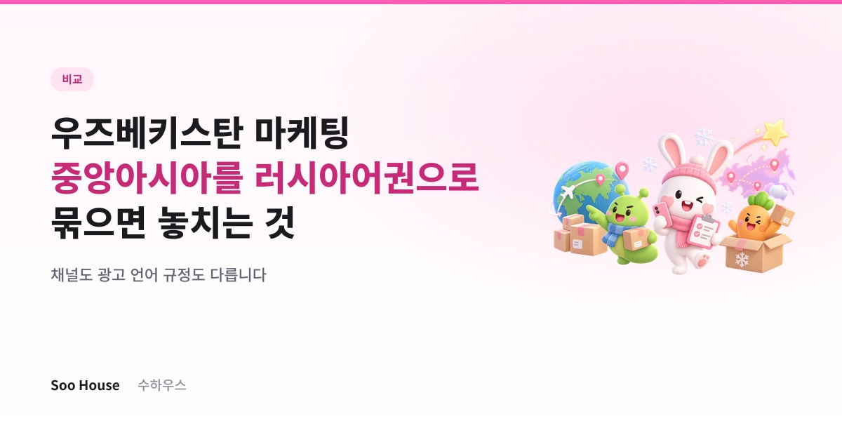 지구본과 배송 박스를 든 수하우스 브랜드 캐릭터 — 우즈베키스탄과 중앙아시아 마케팅 안내