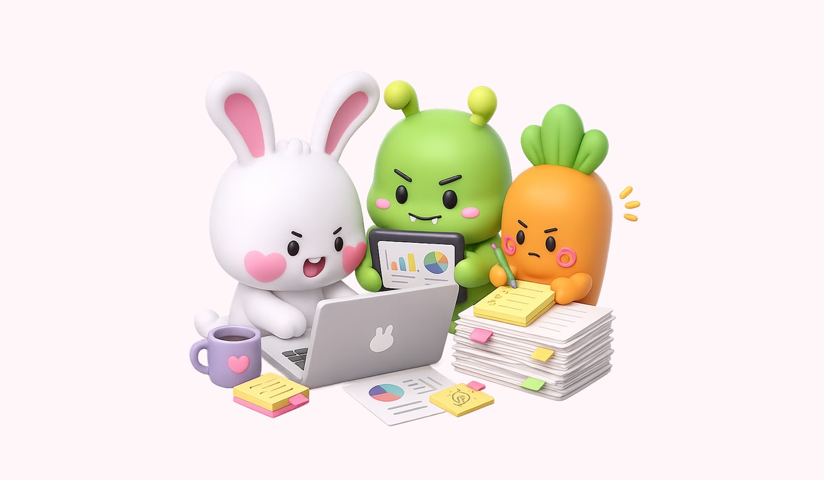 수앤캐롯츠 브랜드 캐릭터인 토끼·초록이·당근이가 노트북과 자료를 함께 보며 작업하고 있는 3D 일러스트레이션.