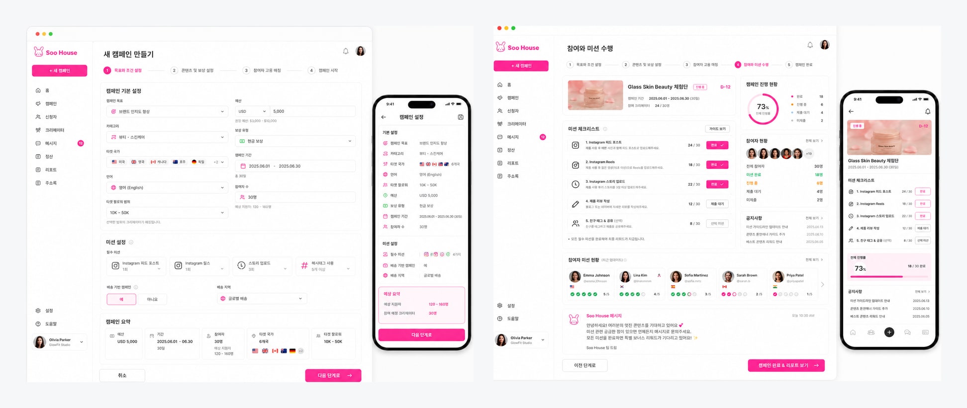 수앤캐롯츠 클라이언트 운영 콘솔의 웹 화면 두 개. 프로젝트 개설과 참여자 관리 단계가 표시되어 있다.